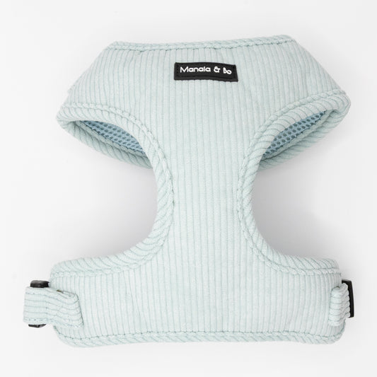 The Aqua Cord Dog Harness is light blue with ribbed aqua fabric and a black and white Manala & Bo label on the front. It has a buckle, adjustable strap for comfort, and is shown against a white background.