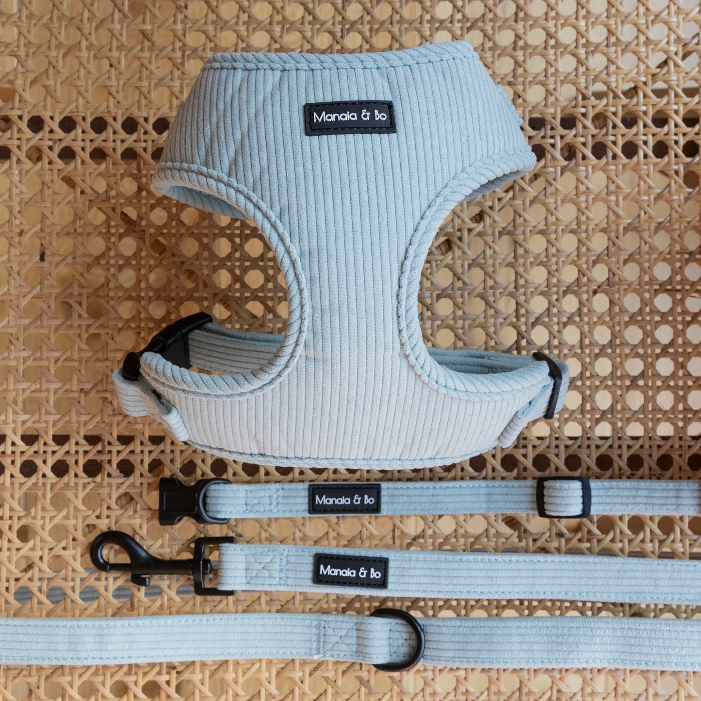 The Aqua Cord Harness, Lead & Collar set on a woven surface includes an adjustable harness, leash, and comfortable collar. Each high-quality item has a black fastenings which exude elegance. The ribbed harness and lead offer a simple, modern design.