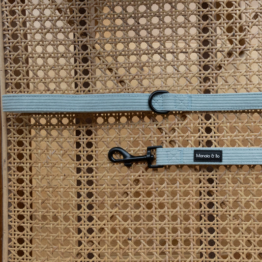 A close-up of a woven rattan surface showcases the elegant Aqua Cord Dog Lead in light blue, featuring a black metal clasp lies flat on the surface, displaying both ends of the premium walking accessory