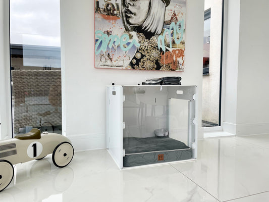 The Petpen Crate with a gray cushion sits on a glossy white floor near large windows. To the left is a toy car, while colorful artwork featuring a womans face hangs above this modern, minimalist pet den.