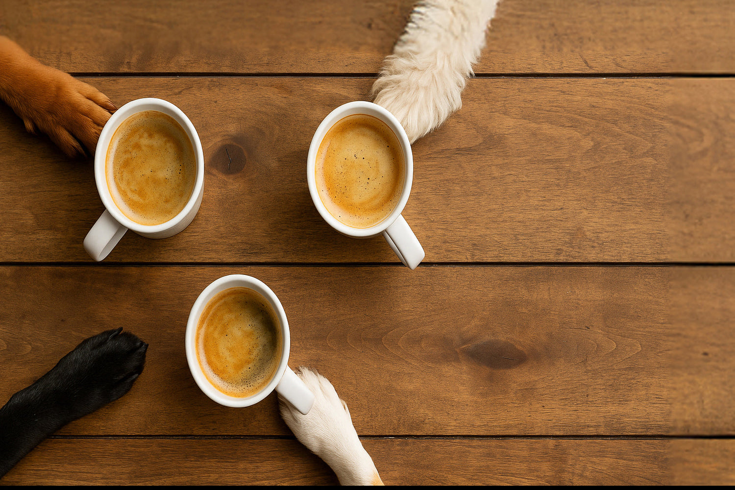 Three cups of coffee on a wooden table, each being touched by a different colored dog paw—brown, white, and black—suggesting dogs enjoying coffee together.