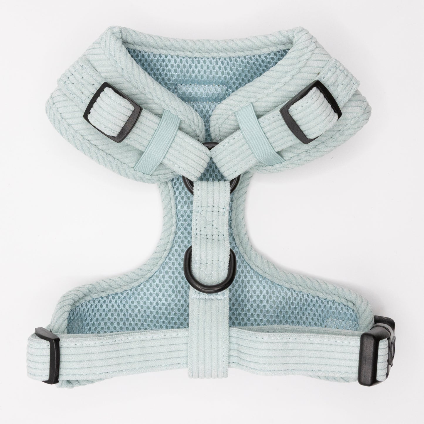 The Aqua Cord Dog Harness, in light blue aqua with mesh fabric, adjustable straps, black plastic buckles, and metal rings, offers a comfortable fit for dogs and is shown on a white background.