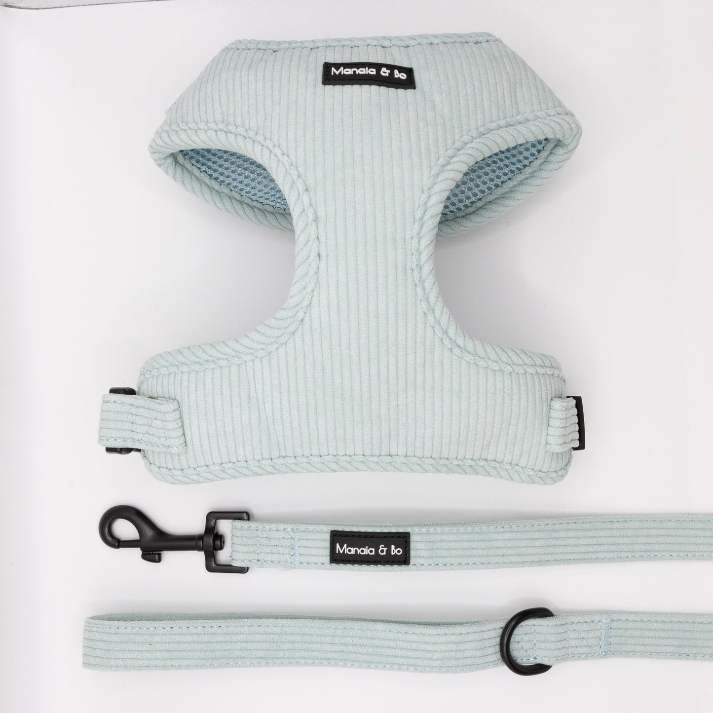The Aqua Cord Harness & Lead set, in pale blue ribbed fabric with black clasps and Monala & bo tags, is arranged on a white background.