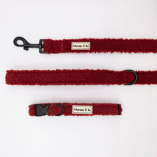 The Bordeaux Teddy Collar & Lead features a red textured dog collar with a lockable buckle and matching leash, both with black hardware and a Manola & bo label, shown on a white background.
