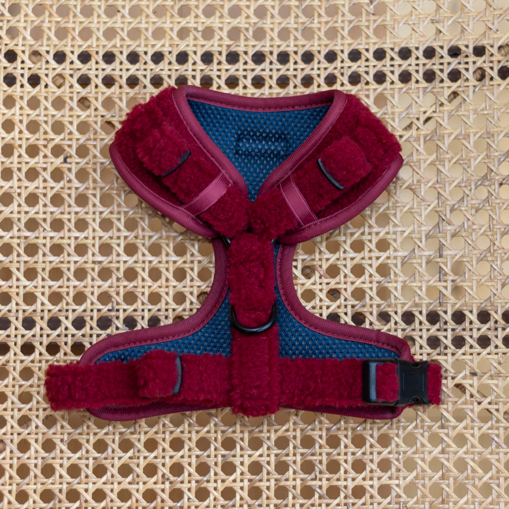 The Bordeaux Teddy Dog Harness, a high-quality pet accessory in red with black buckles and blue lining, rests on a woven rattan surface. This adjustable harness offers a soft, textured exterior for ultimate comfort and image is of the rear of the harness.