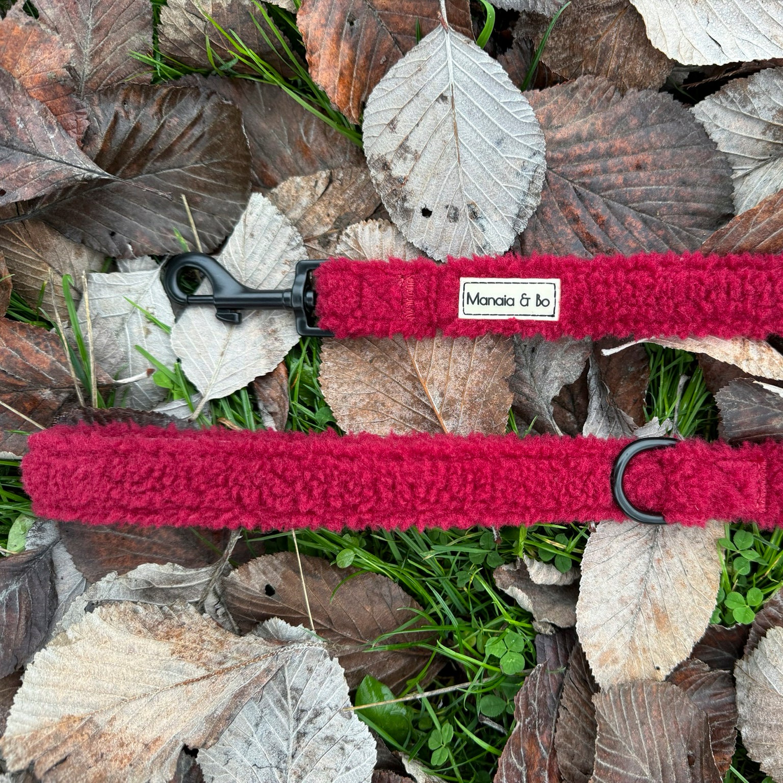 Bordeaux (burgundy) teddy dog lead laying on a bed of leaves and grass from top showing both ends. Comfortable material with black metal d-ring by the lead handle and black metal swivel snap hook.