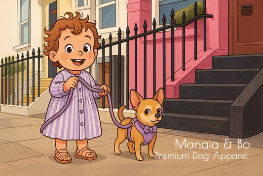 A smiling child in a purple dress walks a small dog along a city sidewalk. Beside them, text reads Manaia & Bo Digital Gift Card.