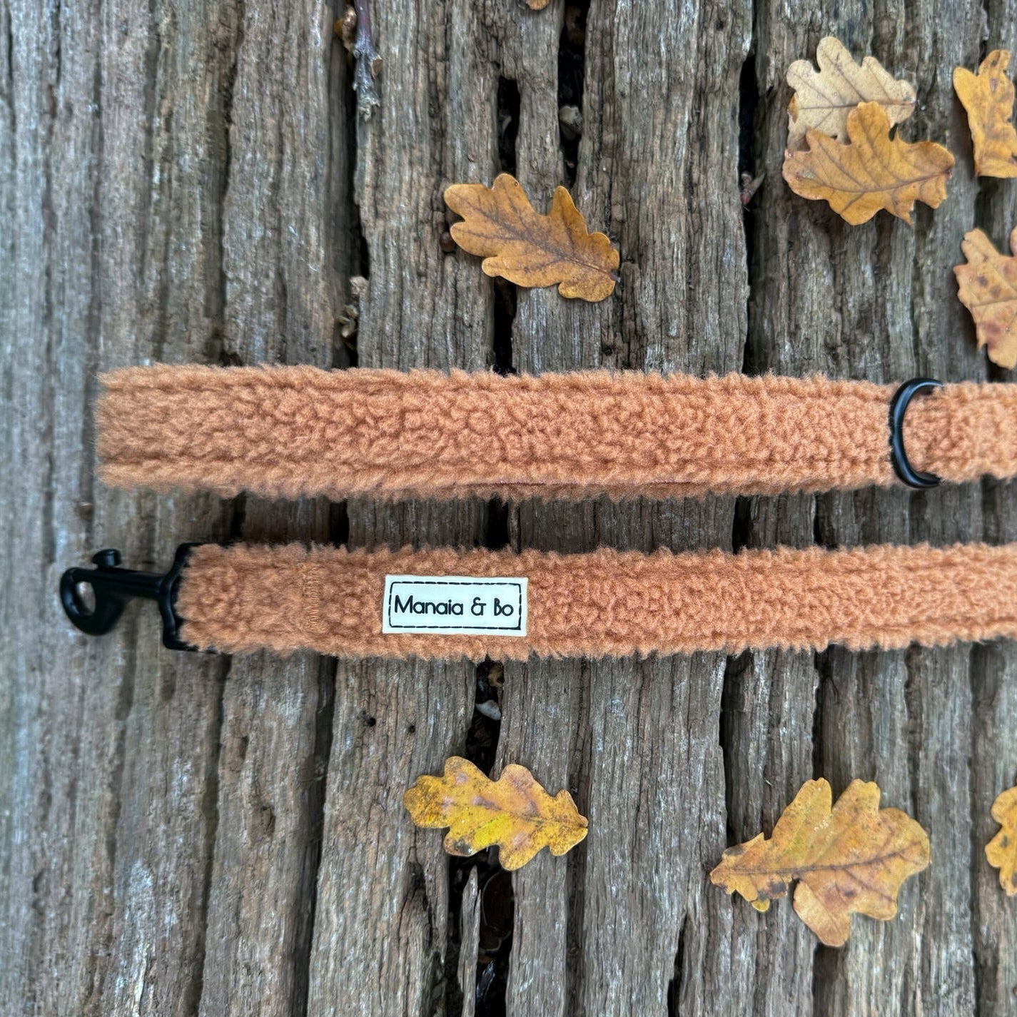 The Caramel Teddy Dog Lead lies on a tree trunk, its stylish brown texture complemented by scattered yellowish-brown fallen leaves.