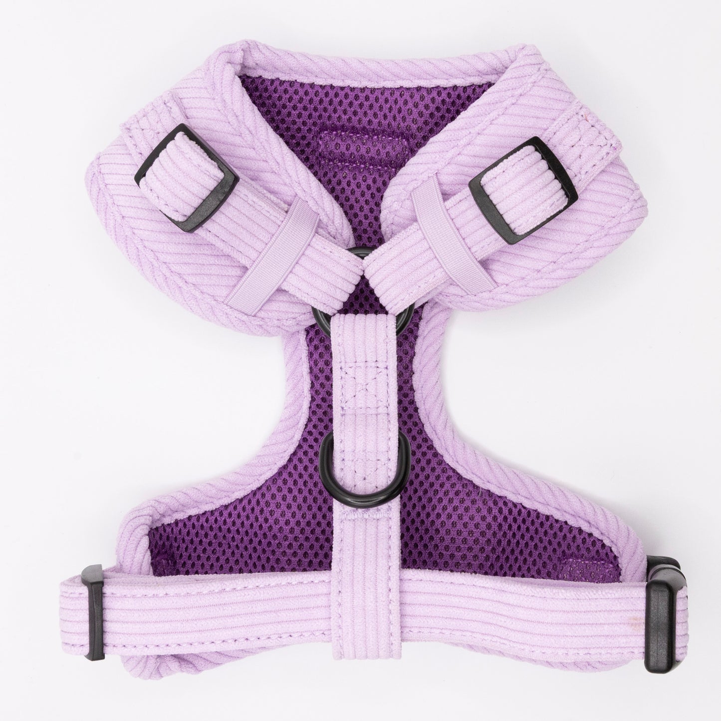 The Lavender Cord Harness & Lead features padded, adjustable lavender straps, black buckles, and a metal D-ring on the back. Shown against a white background, it pairs perfectly with your favorite pastel purple dog leash.