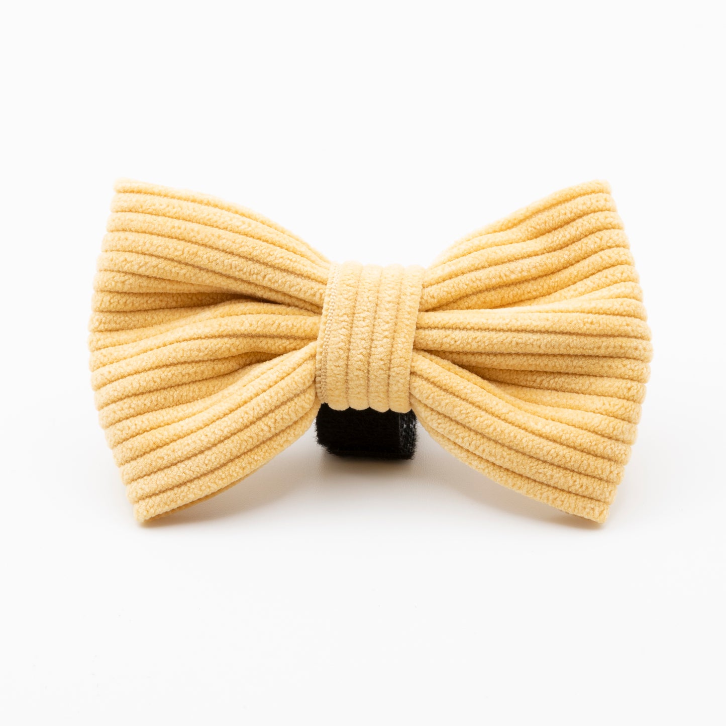The Mellow Cord Dog Bow Tie features yellow ribbed fabric and a black back band, providing a stylish and comfortable accessory for dogs, showcased on a white background.