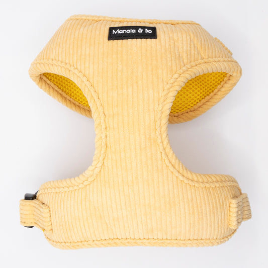 The Mellow Cord Dog Harness is a yellow corduroy adjustable harness with breathable mesh lining, easy-to-adjust straps, and a black Manola & be label, designed for your dog's comfort and perfect fit.