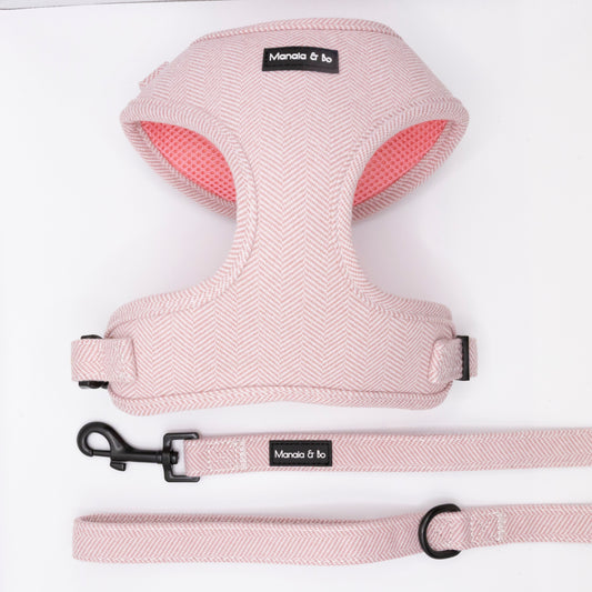The Tea Rose Tweed Harness & Lead is a light pink, padded, adjustable dog harness with a matching leash, both featuring a small black Manola & bo label. The set is displayed on a white background.