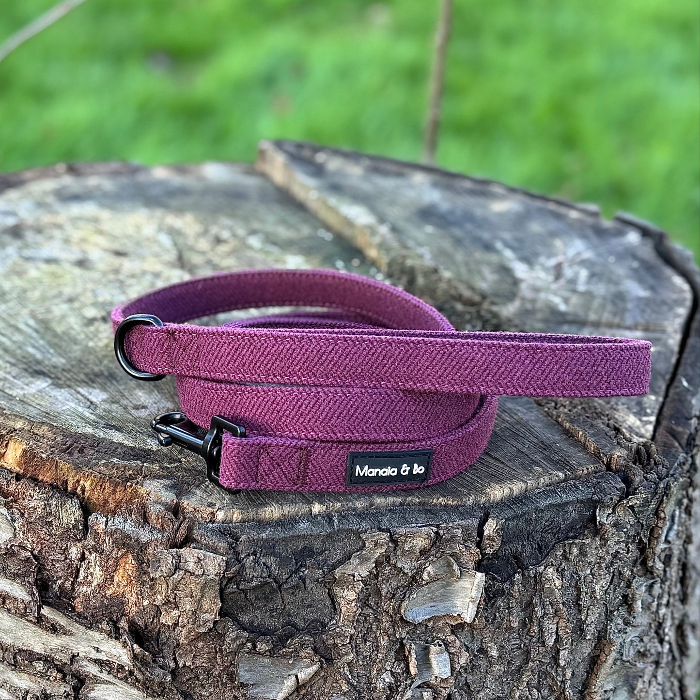 The Wild Plum Tweed Dog Lead, recognized for its fashionable design and quality materials, is coiled on a tree stump against a blurred grassy backdrop. It features a black swivel snap hook and metal d-ring.